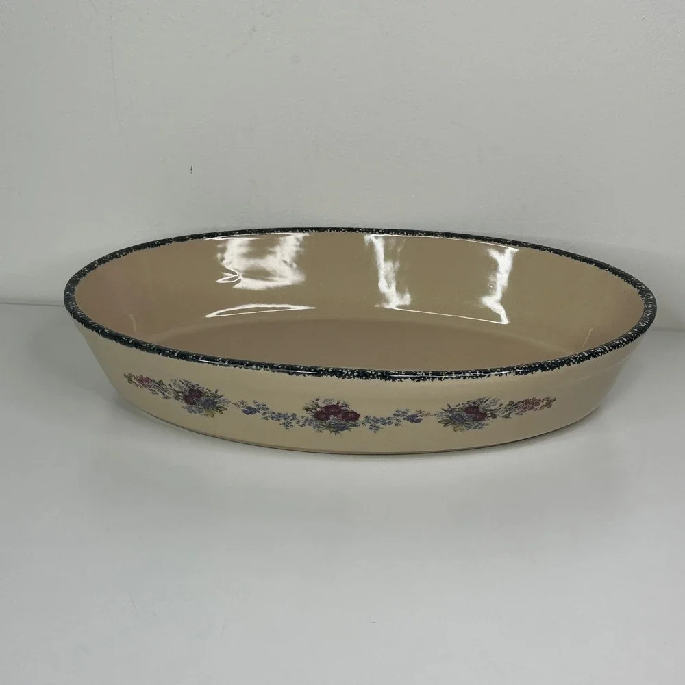 Home Garden Party 2003 Oval Baking Dish Floral‎ Blue Rim